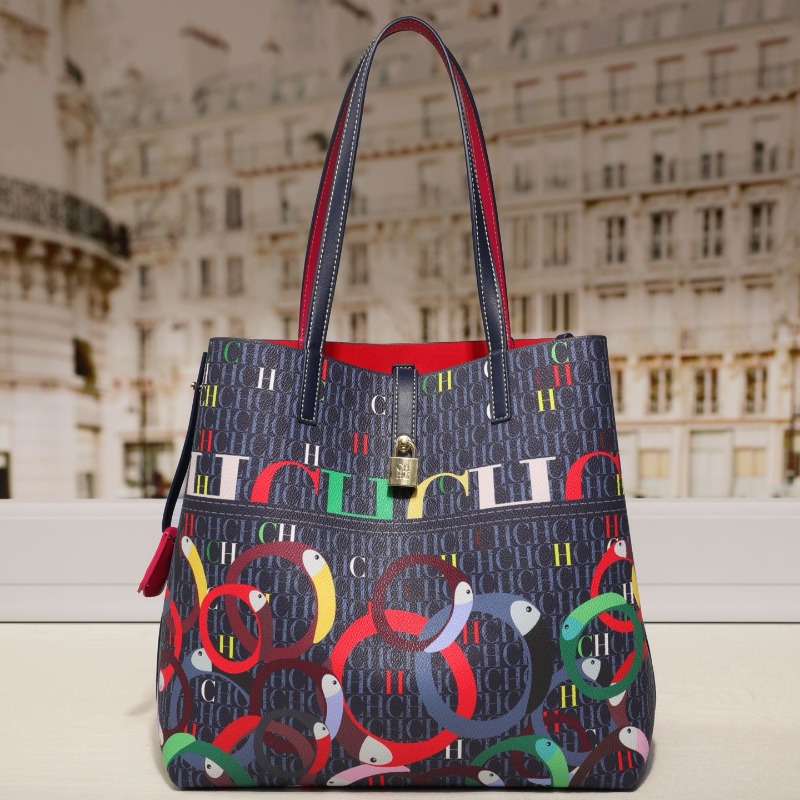 Tote Bag Leather Monogram - กระเป๋าถือผู้หญิงสุดหรู ความจุขนาดใหญ่ ลายพิมพ์โมโนแกรม พร้อมกุญแจล็อค หนังแท้ ใช้สะพายไหล่